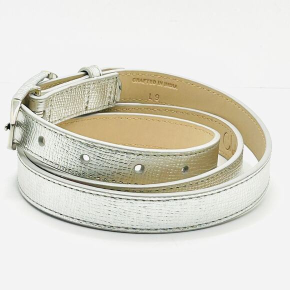 Cole Haan Silver Metallic Textured Leather Chic Skinny Belt - Picture 4 of 8